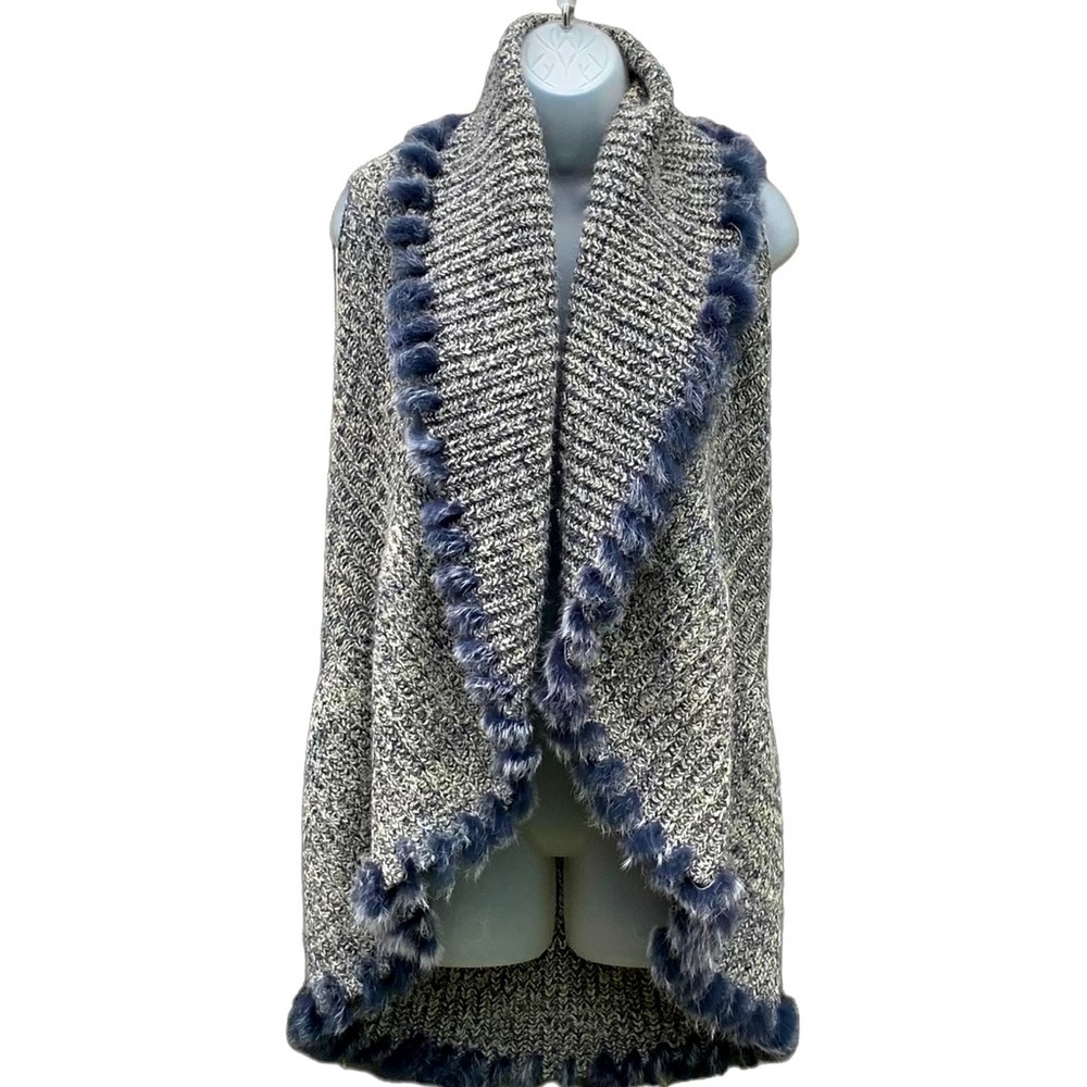 FDJ French Dressing Jeans Blue Gray Marled Knitted Vest Rabbit Fur Trim S / M
